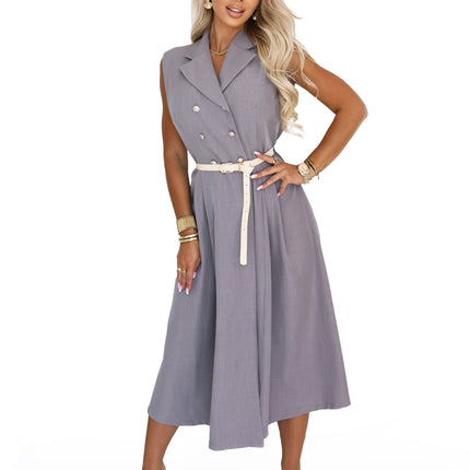 596-5 Elegant midi shirtdress with gold buttons and belt - grey