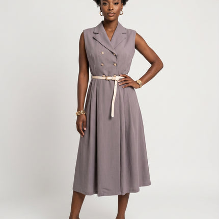 596-5 Elegant midi shirtdress with gold buttons and belt - grey