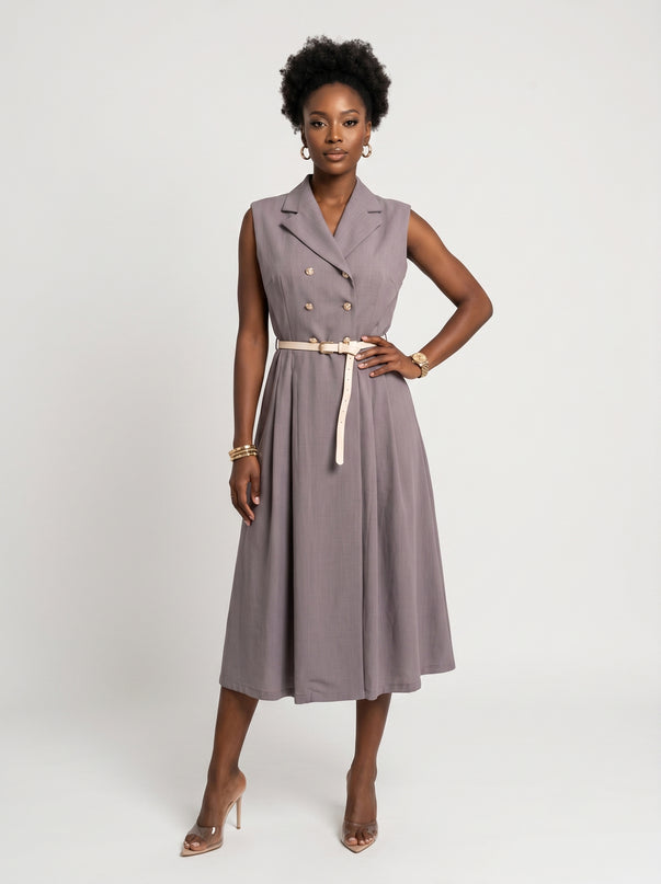 596-5 Elegant midi shirtdress with gold buttons and belt - grey