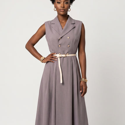 596-5 Elegant midi shirtdress with gold buttons and belt - grey