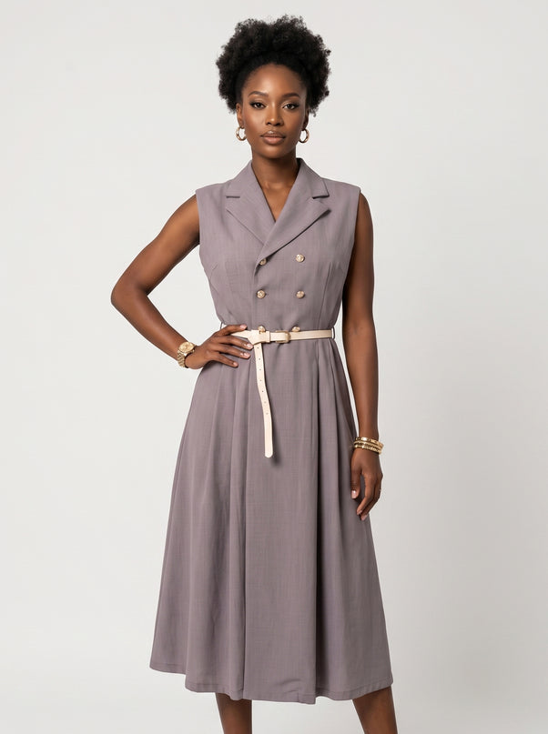 596-5 Elegant midi shirtdress with gold buttons and belt - grey