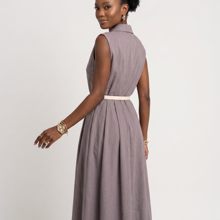 596-5 Elegant midi shirtdress with gold buttons and belt - grey