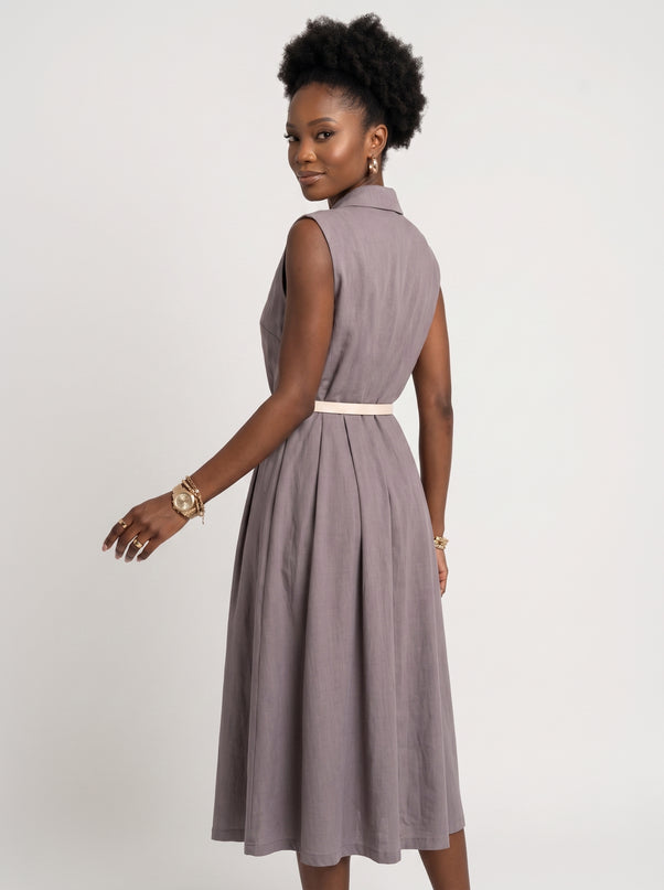 596-5 Elegant midi shirtdress with gold buttons and belt - grey