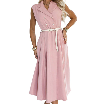 596-6 Elegant midi shirt dress with gold buttons and a belt - powder pink
