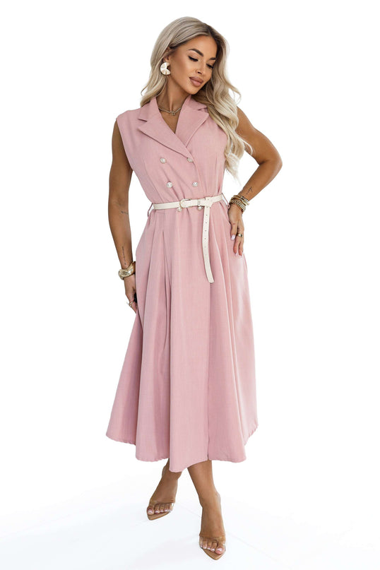 596-6 Elegant midi shirt dress with gold buttons and a belt - powder pink
