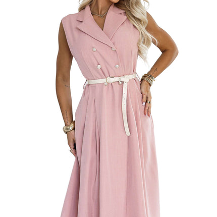 596-6 Elegant midi shirt dress with gold buttons and a belt - powder pink