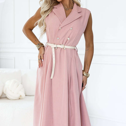 596-6 Elegant midi shirt dress with gold buttons and a belt - powder pink