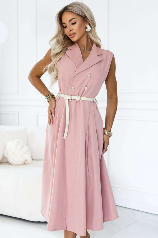 596-6 Elegant midi shirt dress with gold buttons and a belt - powder pink