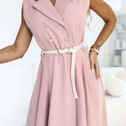 596-6 Elegant midi shirt dress with gold buttons and a belt - powder pink