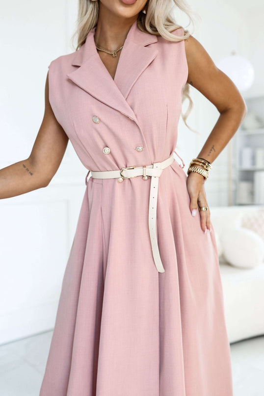 596-6 Elegant midi shirt dress with gold buttons and a belt - powder pink