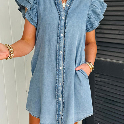 Myosotis Frilled Detail Button Down Ruffle Short Sleeve Denim Mini Dress