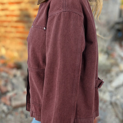 Coffee Corduroy Collar Zipped Front Denim Jacket