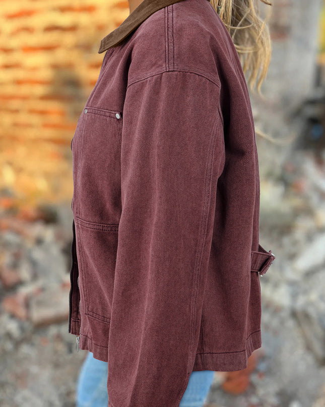 Coffee Corduroy Collar Zipped Front Denim Jacket