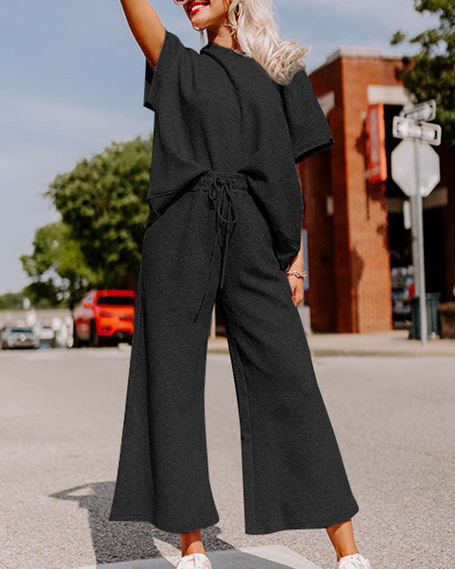 Black Textured Loose Fit T Shirt and Drawstring Pants Set