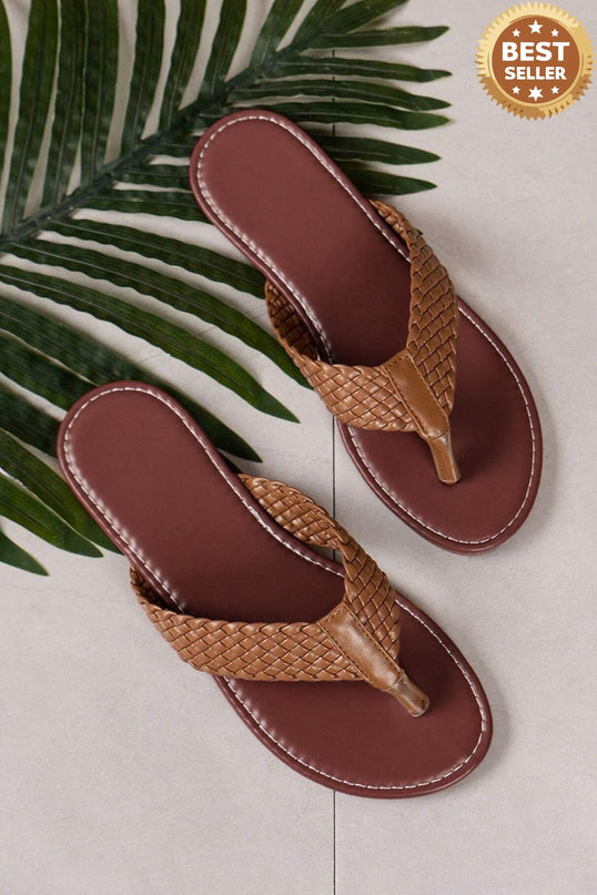 Chestnut Braided Strap PU Leather Flip Flop
