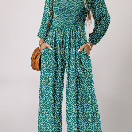Brown Floral Print Western Smocked Bodice Square Neck Wide Leg Jumpsuit