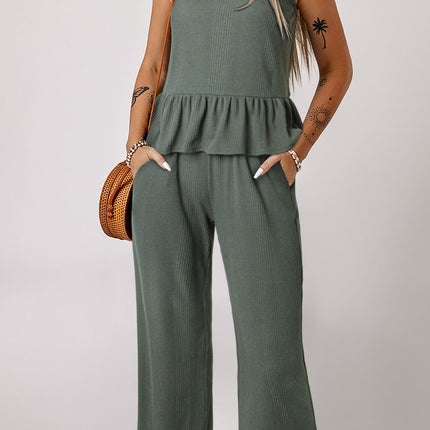 Beau Blue Solid Color Ribbed Ruffle Tank Top and Pants Set
