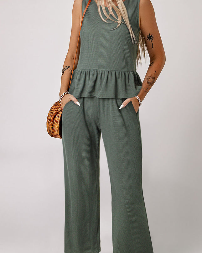 Beau Blue Solid Color Ribbed Ruffle Tank Top and Pants Set