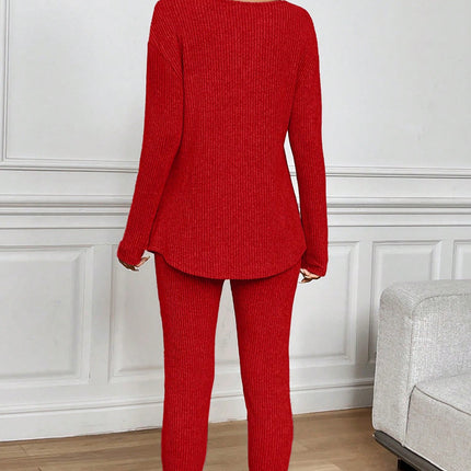 Black Ribbed Notched Neck Knit Long Sleeve Leggings Two Pieces Lounge Set