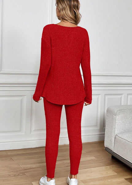 Black Ribbed Notched Neck Knit Long Sleeve Leggings Two Pieces Lounge Set