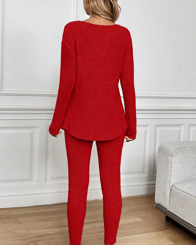 Black Ribbed Notched Neck Knit Long Sleeve Leggings Two Pieces Lounge Set