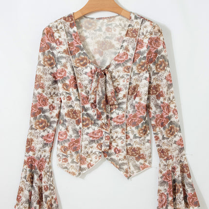 Red Floral Print Stitched Detail Tie V Neck Long Bell Sleeve Blouse