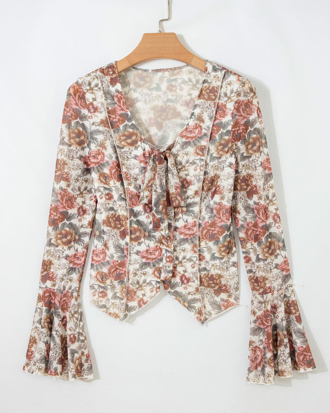 Red Floral Print Stitched Detail Tie V Neck Long Bell Sleeve Blouse