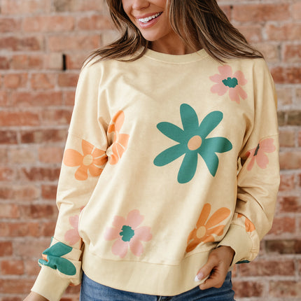 Khaki Washed French Terry Flower Print Sweatshirt