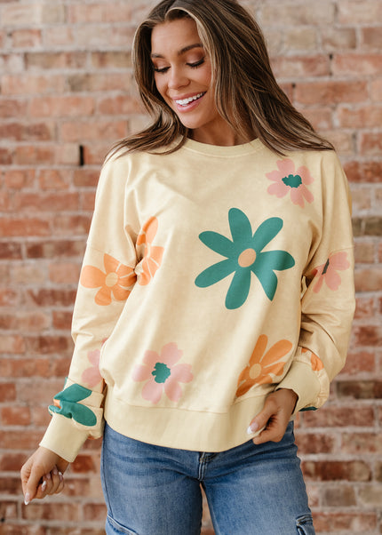 Khaki Washed French Terry Flower Print Sweatshirt