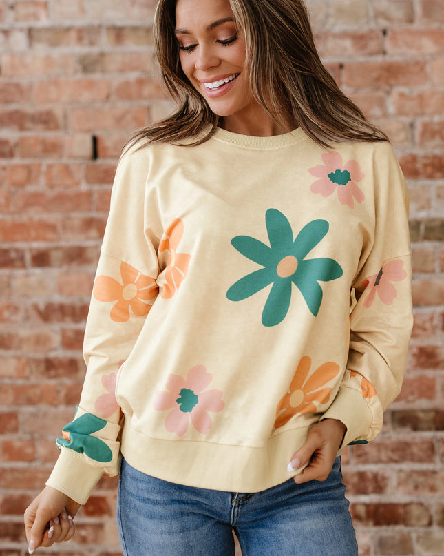 Khaki Washed French Terry Flower Print Sweatshirt