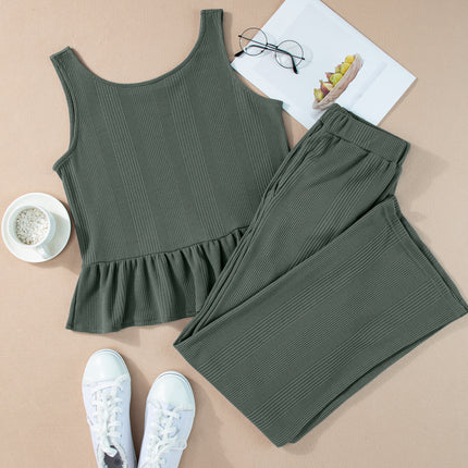 Beau Blue Solid Color Ribbed Ruffle Tank Top and Pants Set