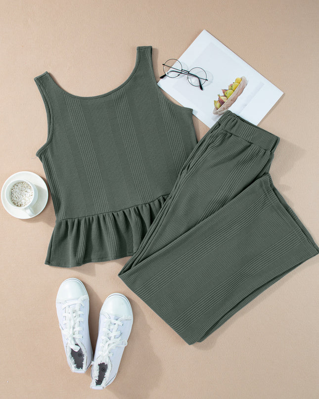 Beau Blue Solid Color Ribbed Ruffle Tank Top and Pants Set
