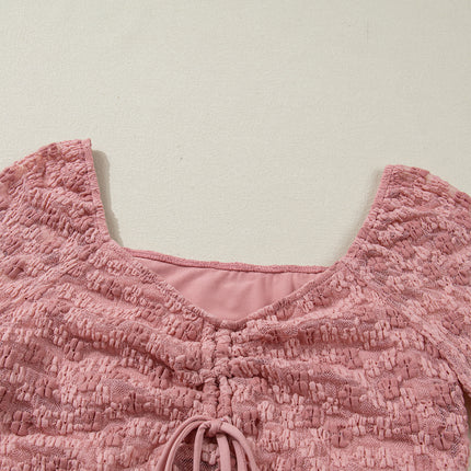 Peach Blossom Drawstring Knot Detail Floral Lace Blouse