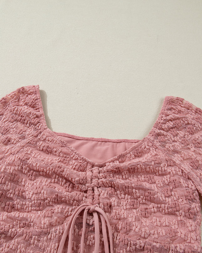 Peach Blossom Drawstring Knot Detail Floral Lace Blouse