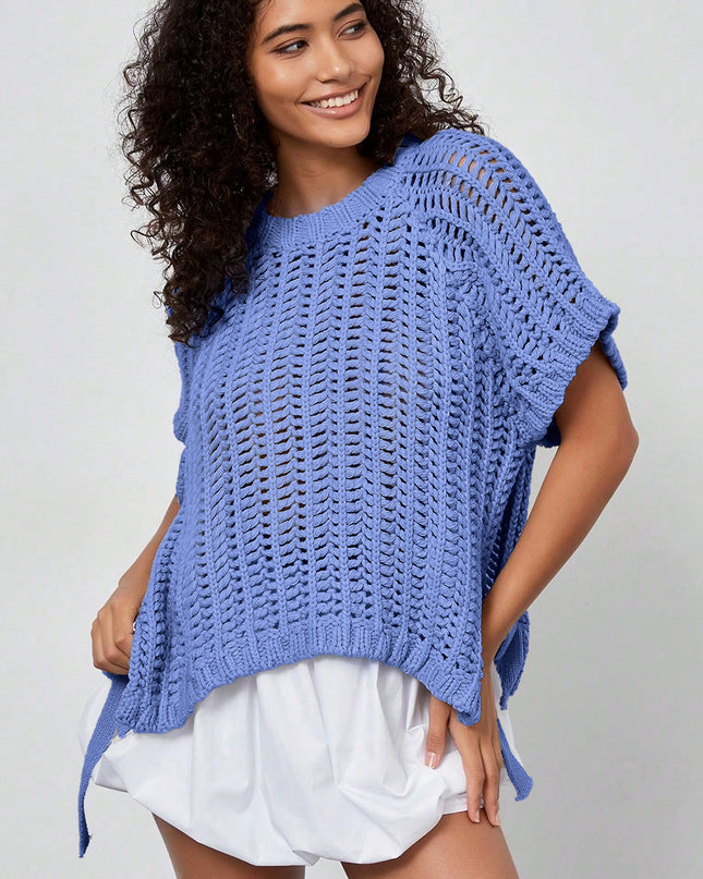 Apricot Plus Size Open Knit Bow Tie Short Sleeve Sweater