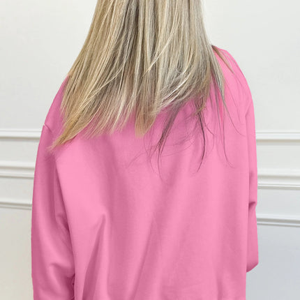 Bright Pink Oversize Blessed Embroidered Mock Neck Sweatshirt