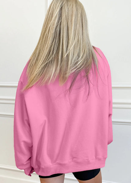 Bright Pink Oversize Blessed Embroidered Mock Neck Sweatshirt