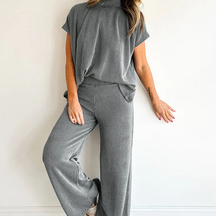 Dark Grey Twisted Ribbed High Neck Loose Tee Elastic High Waist Loose Pant Set