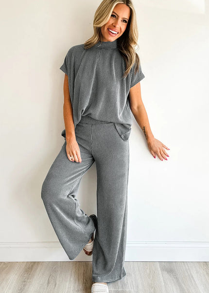 Dark Grey Twisted Ribbed High Neck Loose Tee Elastic High Waist Loose Pant Set