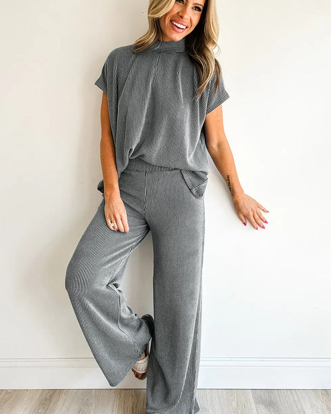 Dark Grey Twisted Ribbed High Neck Loose Tee Elastic High Waist Loose Pant Set