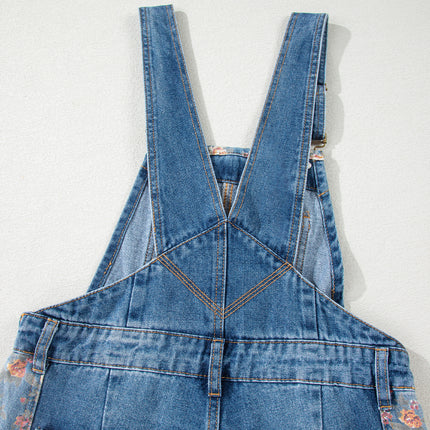 Peacock Blue Floral Patchwork Bib Denim Wide Leg Overalls
