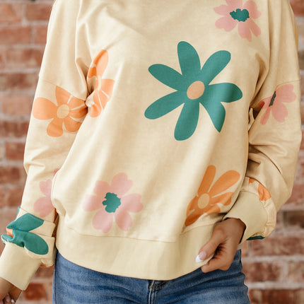Khaki Washed French Terry Flower Print Sweatshirt