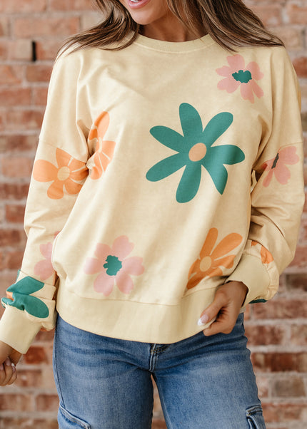 Khaki Washed French Terry Flower Print Sweatshirt