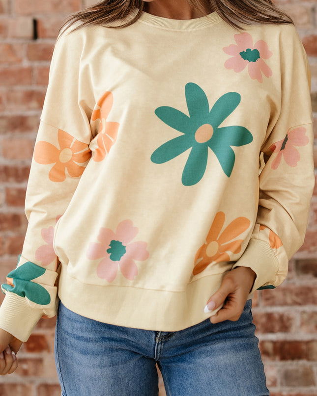 Khaki Washed French Terry Flower Print Sweatshirt