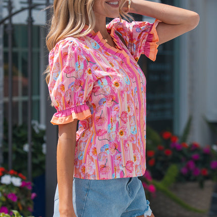 Pink Poppy Flower Striped Print Color Block Trim V Neck Short Sleeve Blouse