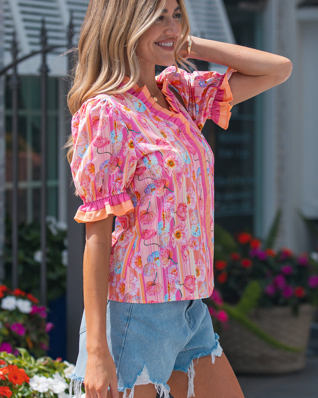 Pink Poppy Flower Striped Print Color Block Trim V Neck Short Sleeve Blouse