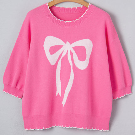 Sachet Pink Big Ribbon Bow Print Contrast Stitch Trim Drop Shoulder Sweater