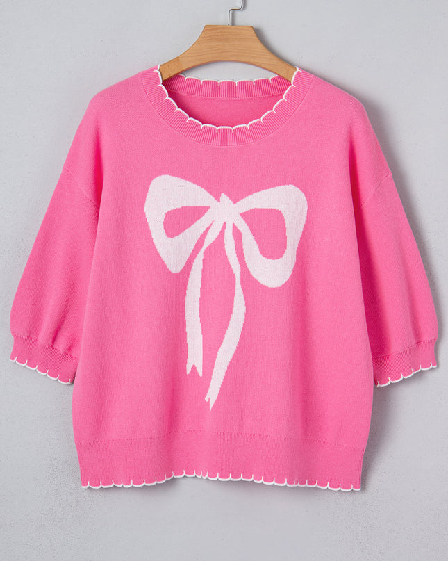 Sachet Pink Big Ribbon Bow Print Contrast Stitch Trim Drop Shoulder Sweater