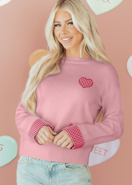 Light Pink Plaid Heart Embroidered Cuffed Drop Shoulder Crew Neck Sweater