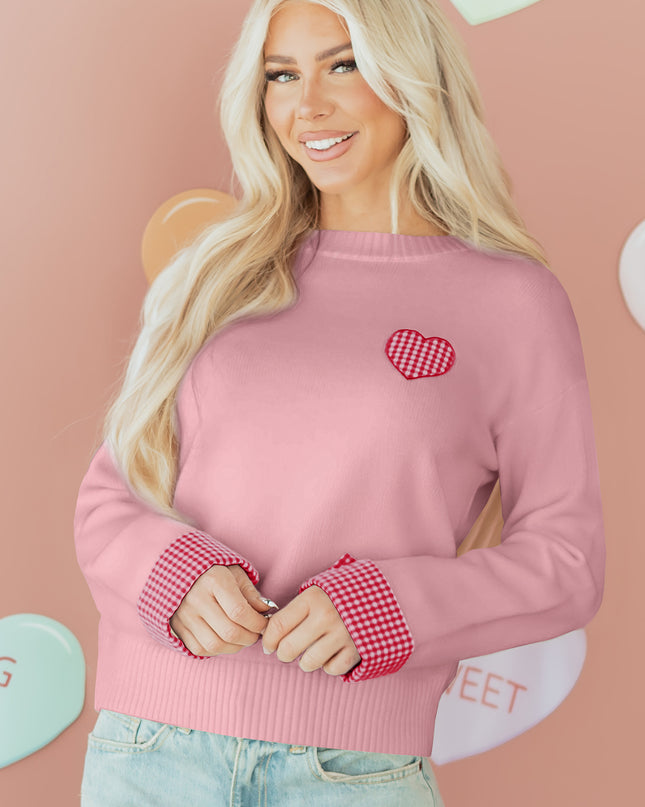 Light Pink Plaid Heart Embroidered Cuffed Drop Shoulder Crew Neck Sweater